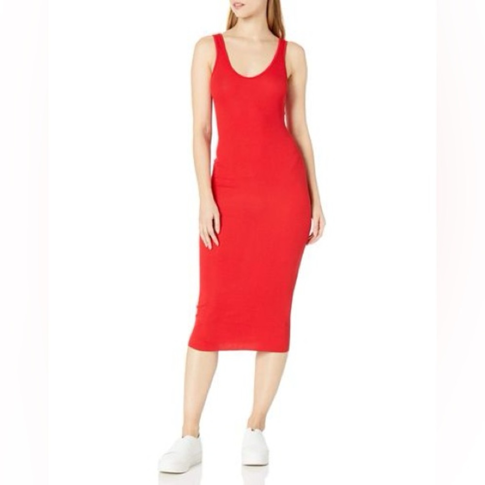 Revamped | Solid Coral Red Bodycon Scoop Neck Stretch Sleeveless Midi Tank Dress